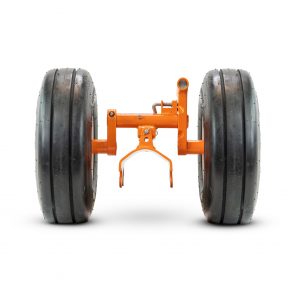 Helicopter ground handling wheels for Airbus H130 EC130, showcasing durable black tires and secure orange frame.